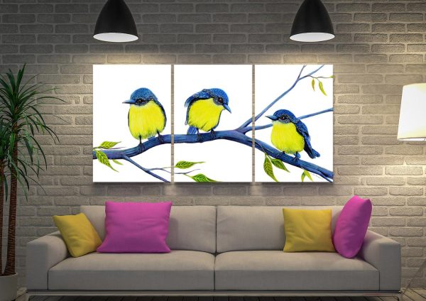 All in a Row Robins triptych canvas, colourful robins in three panels, a bright gift for a dining room