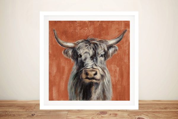 Highland Cow on Terracotta canvas, shaggy highland cow on warm terracotta, a charming gift for a kitchen Highland Cow on Terracotta canvas, shaggy highland cow on warm terracotta, a charming gift for a kitchen