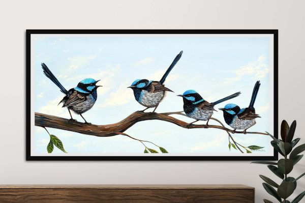 Fairy Wrens The Blues Brothers panoramic framed art, a bright bird gift for a lounge wall Fairy Wrens The Blues Brothers panoramic framed art, a bright bird gift for a lounge wall