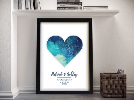 Bespoke watercolour heart star map art, a heartfelt keepsake gift for a bedroom