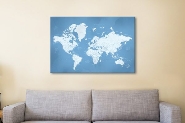 Powder blue world map canvas art, a stylish gift for a living room wall