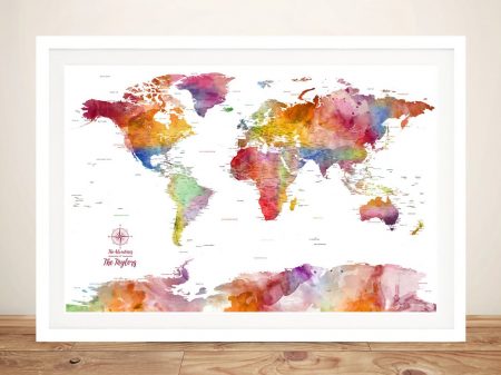 Watercolour world map darker framed art, a striking gift for a lounge wall