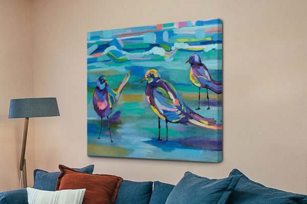 Indigo Gulls abstract coastal wall art, a calming gift for a bathroom