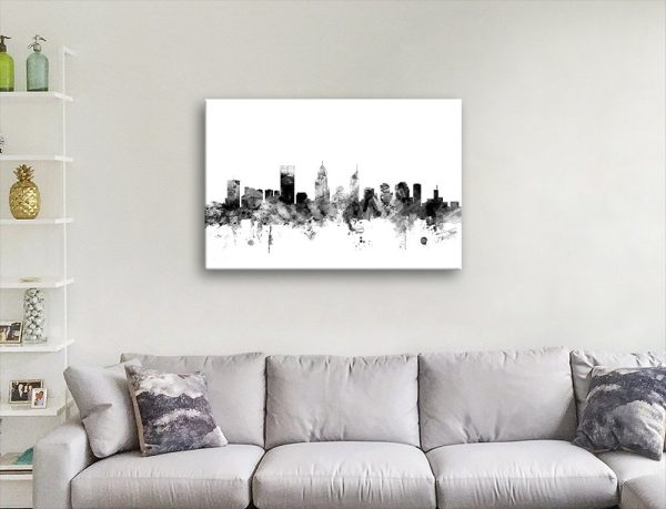 Close study of Perth Skyline Watercolour Black, rendered as canvas art in clean contemporary tones