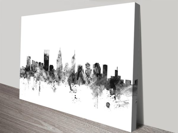 Beautiful Perth Skyline Watercolour Black framed wall art, clean contemporary tones for studio