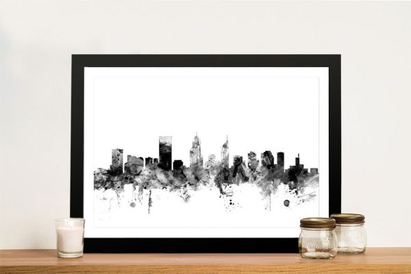 Beautiful Perth Skyline Watercolour Black wall art, clean contemporary tones for studio