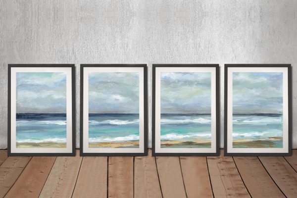 Seashore framed four-panel canvas, a coastal gift for a lounge Seashore framed four-panel canvas, a coastal gift for a lounge