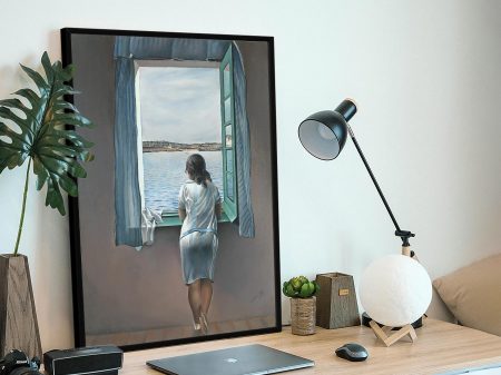 Young Woman at a Window Dali print, poised figure before a tranquil bay