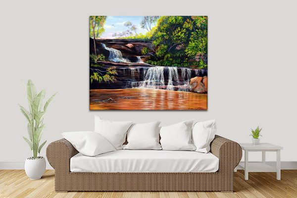 Cascades Blue Mountains canvas, tranquil bushland waterfall scene