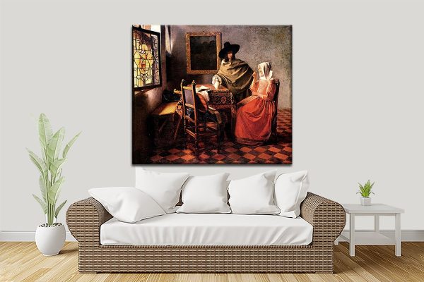 Glass of Wine by Vermeer canvas artwork, luminous domestic tableau Glass of Wine by Vermeer canvas artwork, luminous domestic tableau