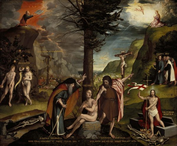 Allegory of the Old and New Testaments print by Hans Holbein, rich devotional tones
