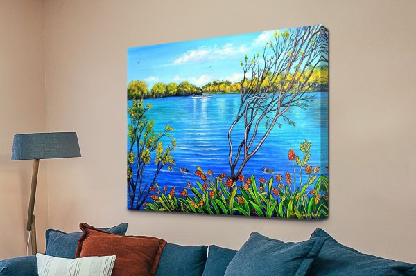 A Day at the Lake canvas print, serene lakeside landscape in gentle blues and greens A Day at the Lake canvas print, serene lakeside landscape in gentle blues and greens