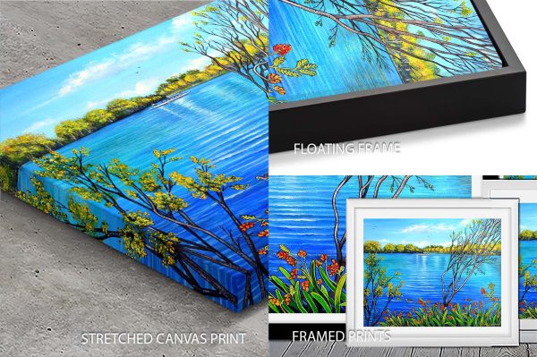 A Day at the Lake quality print, calm lakeside landscape in soft warm greens and blues A Day at the Lake quality print, calm lakeside landscape in soft warm greens and blues