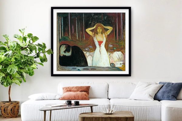 Ashes wall art, Edvard Munch brooding figure scene in deep melancholic forest tones Ashes wall art, Edvard Munch brooding figure scene in deep melancholic forest tones