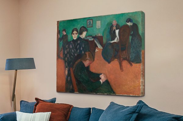 Death in the Sickroom by Edvard Munch, sombre family gathering in muted expressive tones