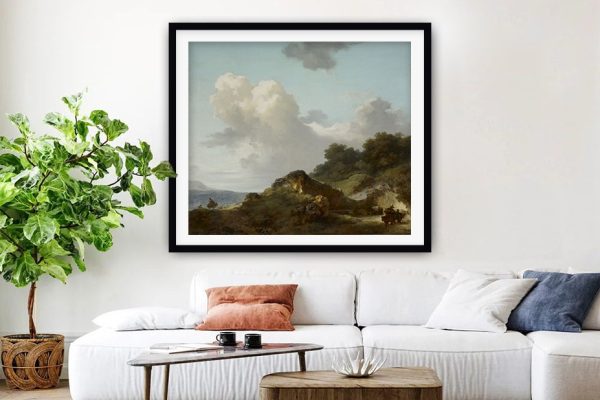 The Rock framed art, Jean-Honoré Fragonard rocky landscape in warm rococo earth tones The Rock framed art, Jean-Honoré Fragonard rocky landscape in warm rococo earth tones