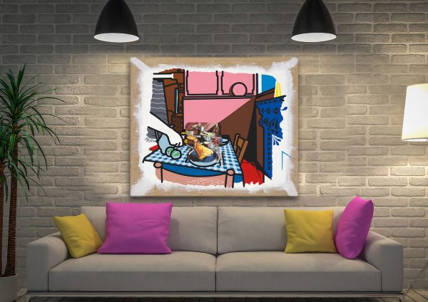 Unfinished Painting canvas artwork, Patrick Caulfield graphic room scene in flat bright hues Unfinished Painting canvas artwork, Patrick Caulfield graphic room scene in flat bright hues
