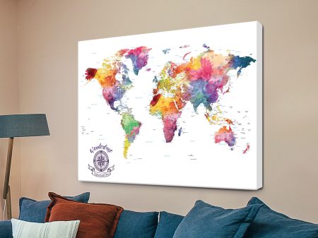 Watercolour splash pushpin map, bright washed world map on a clean light background