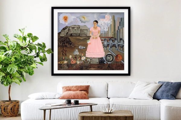 Frida Kahlo borderline self-portrait, poised figure amid cactus and city smokestacks Frida Kahlo borderline self-portrait, poised figure amid cactus and city smokestacks