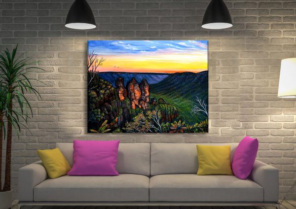 Blue Mountains Sunset canvas artwork, rich golden mountain vista