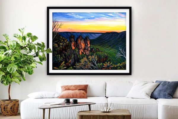 Blue Mountains Sunset framed print, warm sunset over the valley