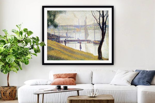 Bridge at Courbevoie by Seurat framed art, a riverside piece for a lounge