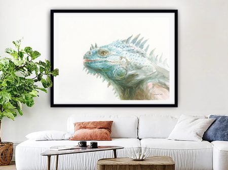Tropical Iguana framed wall art, a vivid jungle-green reptile study for a bright hallway