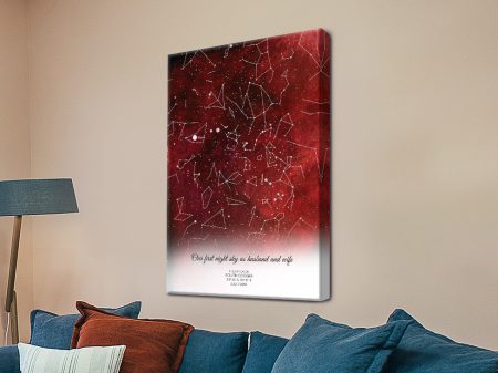 Red watercolour star map canvas, a warm personalised night sky for a bedroom