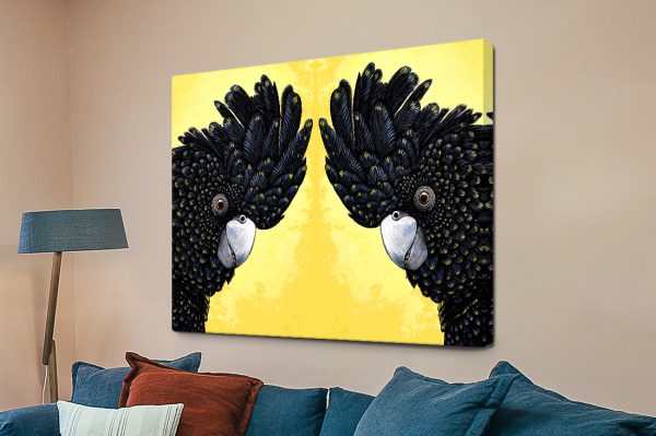 Black Cockatoos Head to Head canvas, paired parrots in vivid bold tones Black Cockatoos Head to Head canvas, paired parrots in vivid bold tones