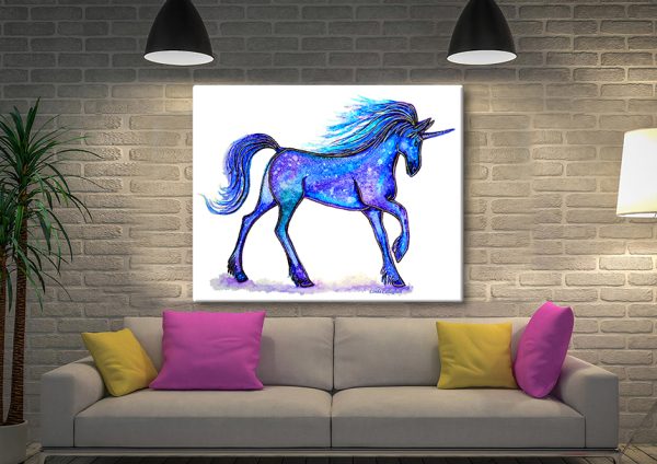Blue Unicorn canvas, geometric unicorn against a soft cool ground Blue Unicorn canvas, geometric unicorn against a soft cool ground