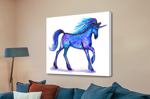 Blue Unicorn canvas, faceted unicorn in bright cool blue tones Blue Unicorn canvas, faceted unicorn in bright cool blue tones