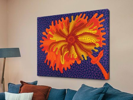 Red Flowers by Yayoi Kusama, canvas wall art, bold red blooms covered in black polka dots.