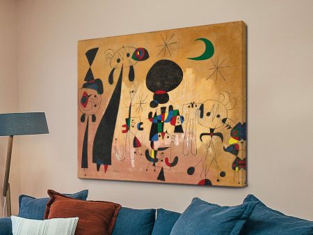 Woman, Moon, Stars by Joan Miró, canvas wall art, playful biomorphic figure beneath a crescent and stars.