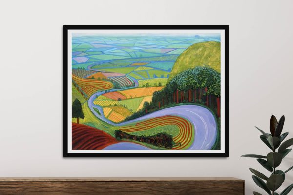 Garrowby Hill by David Hockney, framed print, a road winding up steep, patchwork Yorkshire hills. Garrowby Hill by David Hockney, framed print, a road winding up steep, patchwork Yorkshire hills.