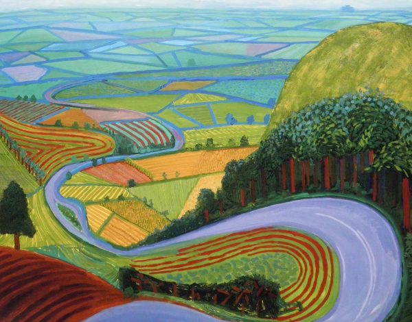 Garrowby Hill by David Hockney, wall art, a high, tilted bird's-eye view in pop-art colour. Garrowby Hill by David Hockney, wall art, a high, tilted bird's-eye view in pop-art colour.