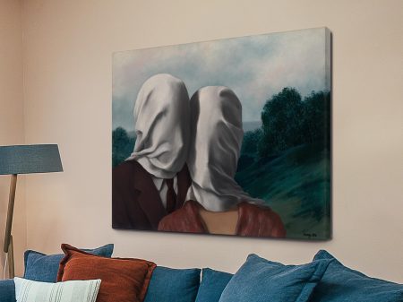 The Lovers II by Magritte, canvas print, two figures kissing with their heads wrapped in cloth. The Lovers II by Magritte, canvas print, two figures kissing with their heads wrapped in cloth.