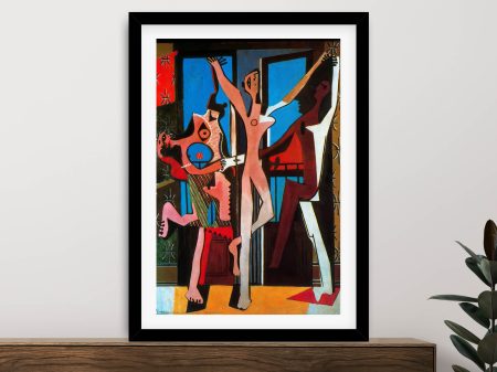 Three Dancers by Picasso, framed print, three angular figures dancing in jagged, bold shapes. Three Dancers by Picasso, framed print, three angular figures dancing in jagged, bold shapes.