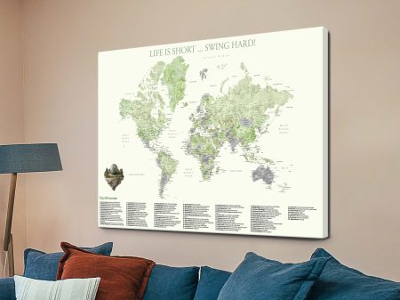 World's Greatest Golf Courses world map, canvas print, watercolour continents marking famous courses. World's Greatest Golf Courses world map, canvas print, watercolour continents marking famous courses.
