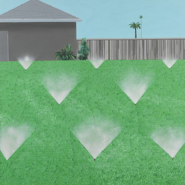 A Lawn Being Sprinkled by David Hockney quality print, a bright gift for a sunny study