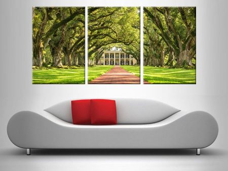 Oak Alley Plantation triptych print, an oak-lined avenue in three sections