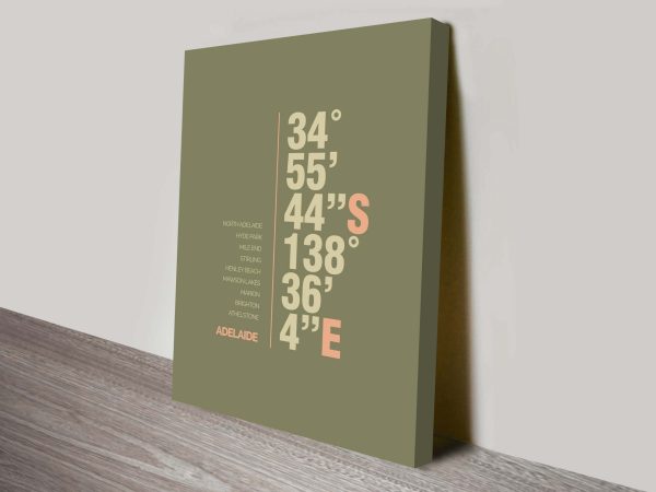 Adelaide coordinates canvas in khaki green, a modern city gift for a study Adelaide coordinates canvas in khaki green, a modern city gift for a study