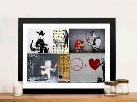 Banksy characters collage framed print, favourite stencil works gathered in one piece
