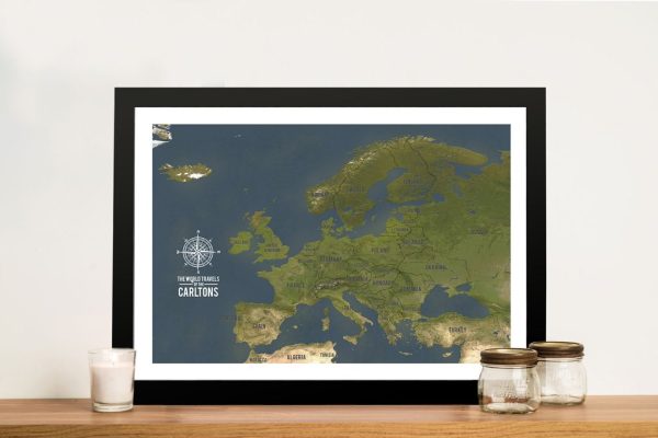 European push pin map framed print, a travel gift for a lounge