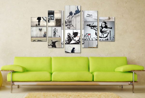 Banksy Mono Colour Collage five panel canvas, tonal stencils across five sections