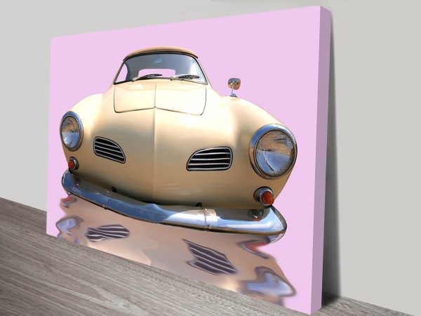 Vintage pink car canvas print, playful retro motoring wall art