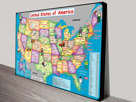 USA fun map canvas print, colourful illustrated cartography wall art USA fun map canvas print, colourful illustrated cartography wall art