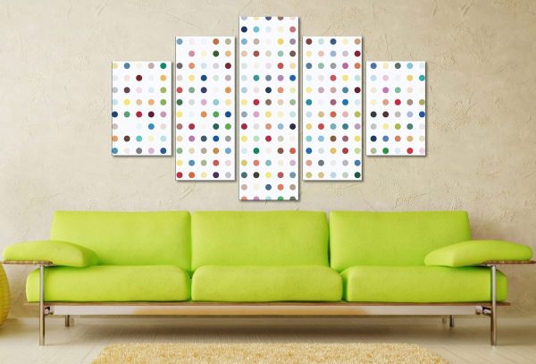 Damien Hirst Xylosidase five panel canvas, a bold modern gift for a lounge