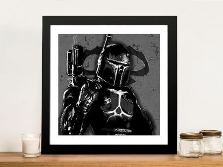 Boba Fett framed print, the bounty hunter helmet in dramatic black and white Boba Fett framed print, the bounty hunter helmet in dramatic black and white