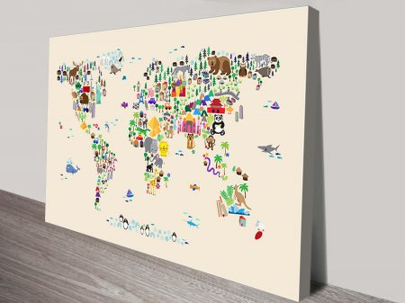 Animal Map World Children Kids canvas art, wildlife portrait artwork